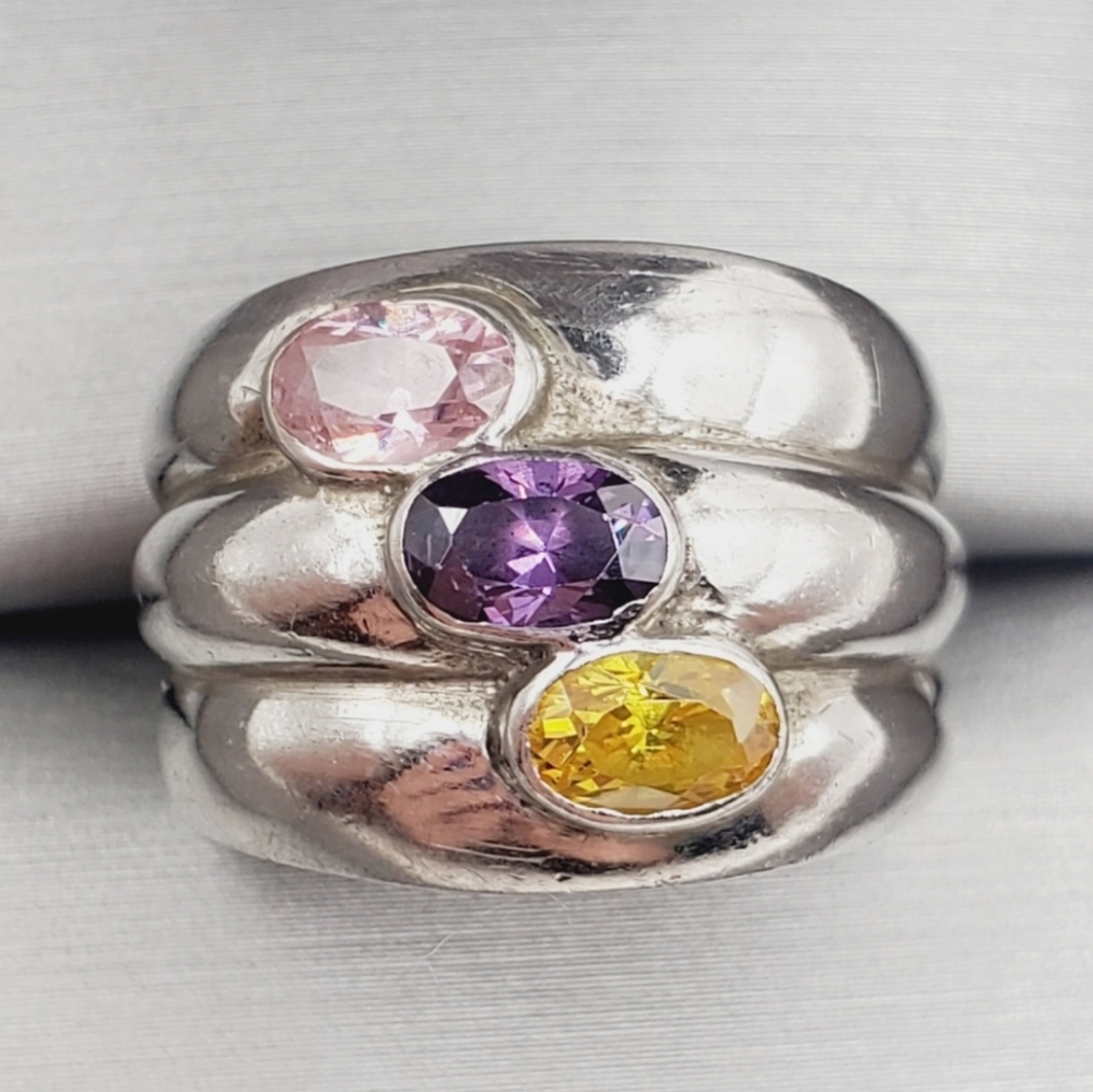 Silver Ring with Pink, Purple, and Yellow Stones